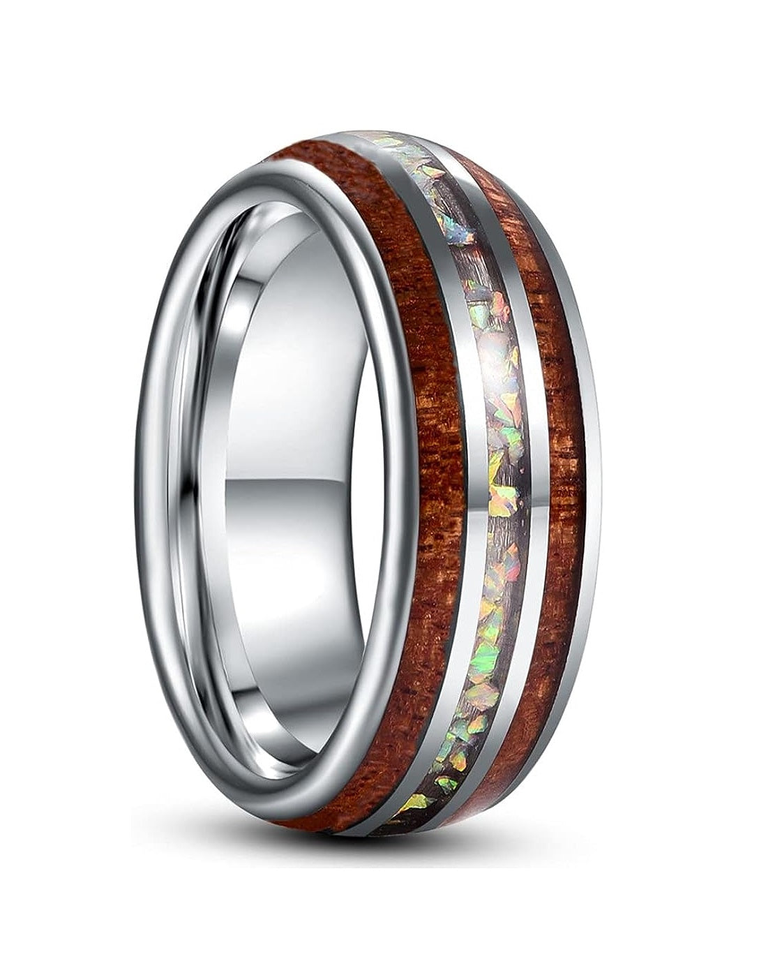 Genuine Carbide Tungsten Color: 8mm RING Opal & Koa Wood Silver Inner high polished inner-face design smooth and shiny. Comfort Fit Wedding Band Size 6-15