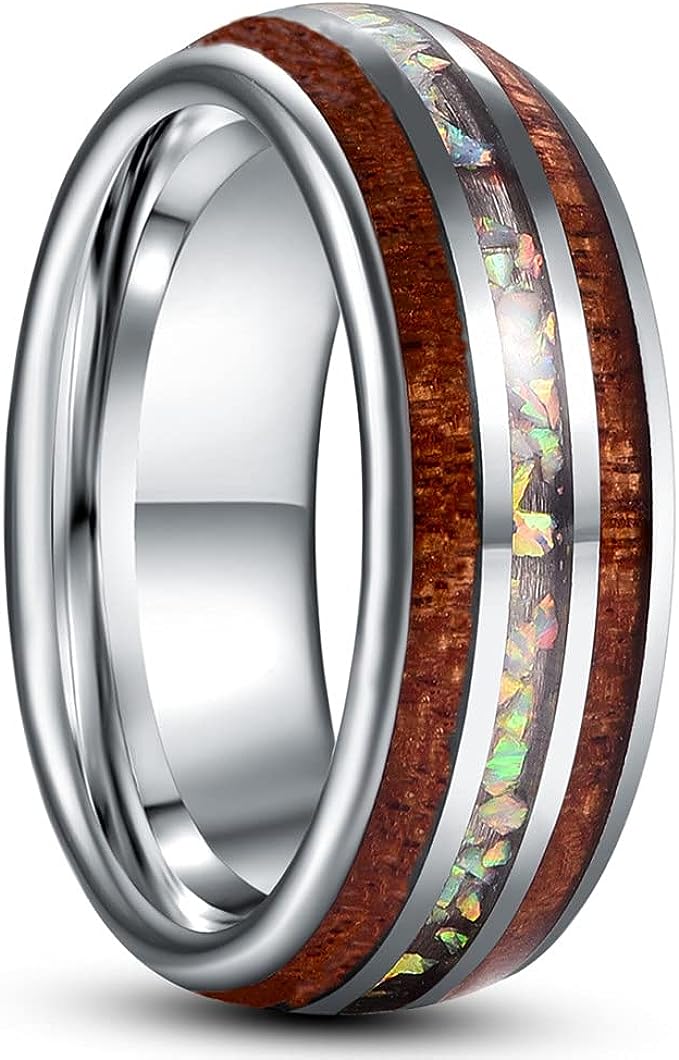 Genuine Carbide Tungsten Color: 8mm RING Opal & Koa Wood Silver Inner high polished inner-face design smooth and shiny. Comfort Fit Wedding Band Size 6-15