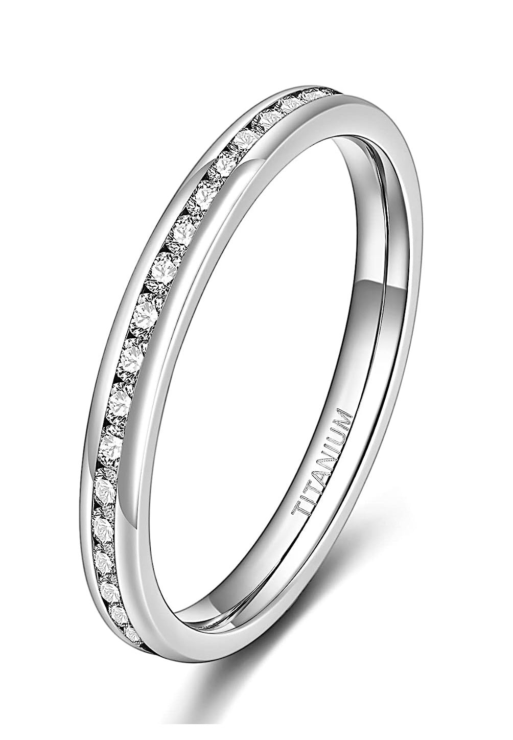 Genuine Titanium Silver 2.5mm Wide Ring Cubic Zirconia Eternity High Polished Comfort Fit.