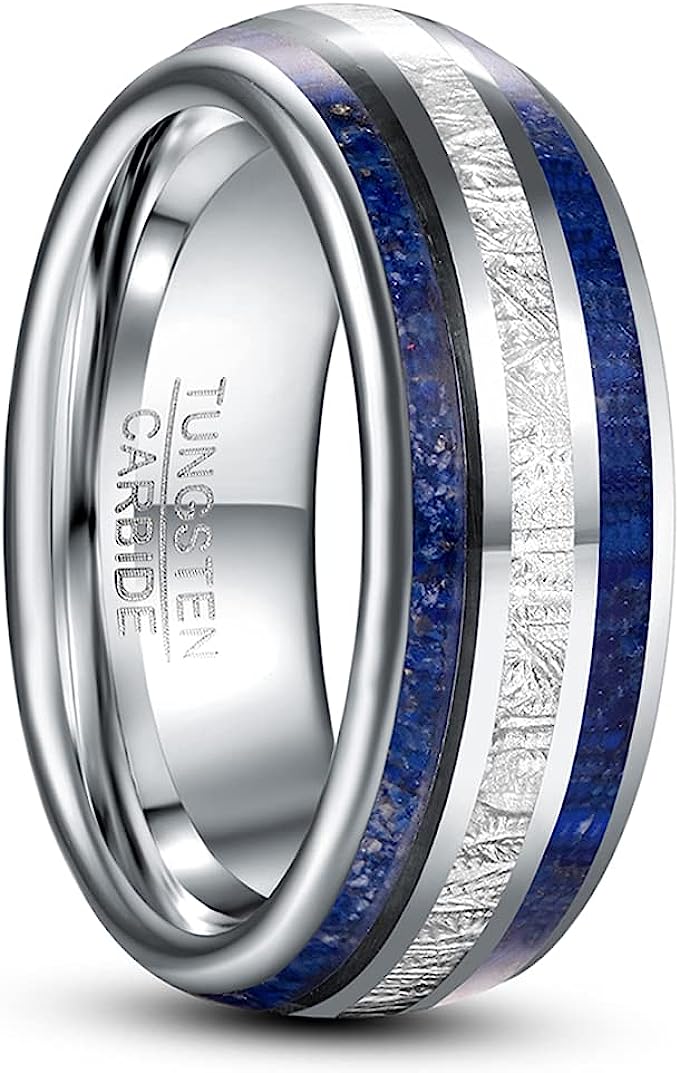 Genuine Carbide Tungsten Color: Silver 8mm imitation meteorite inlaid in the center and lapis lazuli on both sides, Silver Inner high polished inner-face design smooth and shiny. Comfort Fit Wedding Band Size 6-15