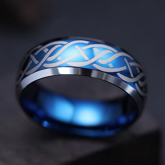 Genuine Carbide Tungsten Color: BLUE Silver Laser Celtic Knot Dragon 8mm RING Polished Shiny Comfort Fit Wedding Band Size Size 6-15