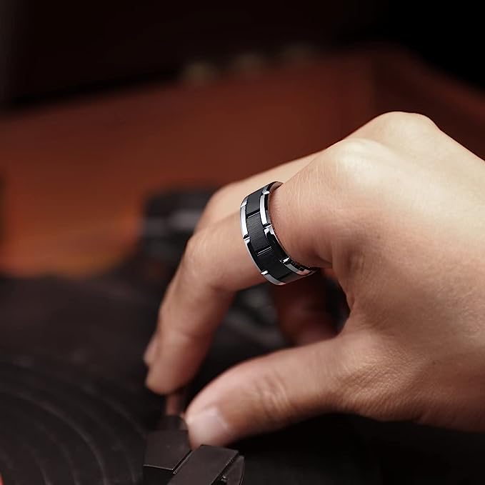 Genuine Tungsten Carbide 8mm, Black/silver polished, inner ring Silver, shining finish, Brick Pattern Groove Center Surface Brushed Finish Comfort Fit wedding band Size 6-15