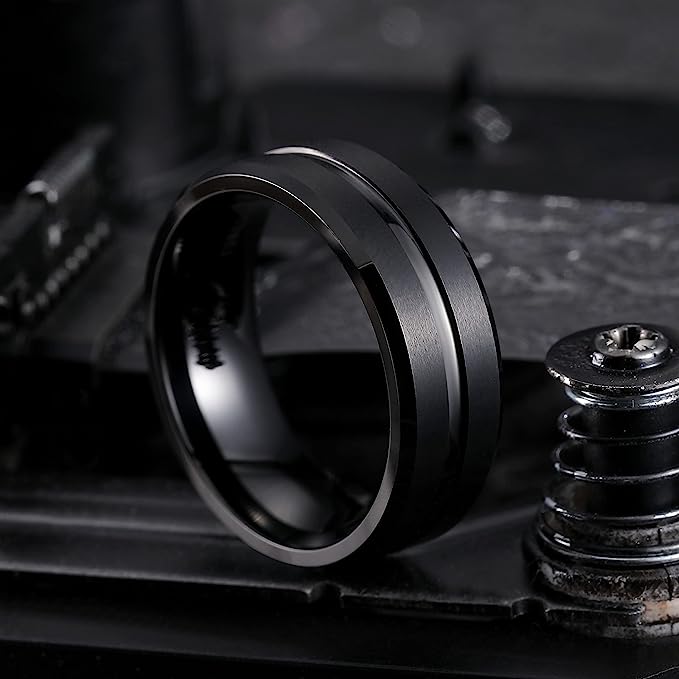 Genuine Carbide Tungsten Color: BLACK 8mm wide black Tungsten Ring matte finish & grooved center and high polished inner-face design smooth and shiny. band is So elegant! Comfort Fit Wedding Band Size 6-15