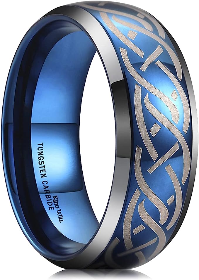 Genuine Carbide Tungsten Color: BLUE Silver Laser Celtic Knot Dragon 8mm RING Polished Shiny Comfort Fit Wedding Band Size Size 6-15