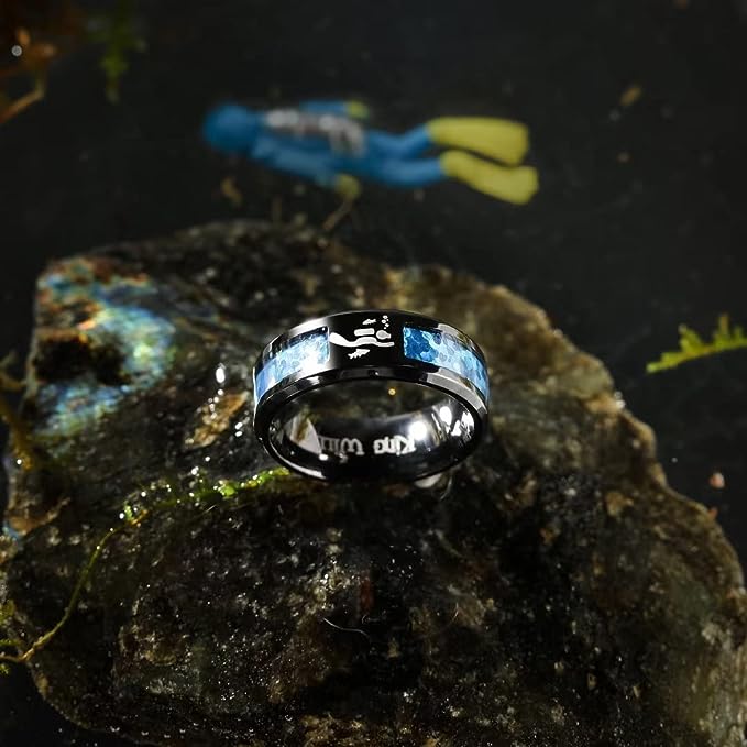 Genuine Titanium Black 8mm Wide Ring Diver Opal inlay High Polished Comfort Fit.