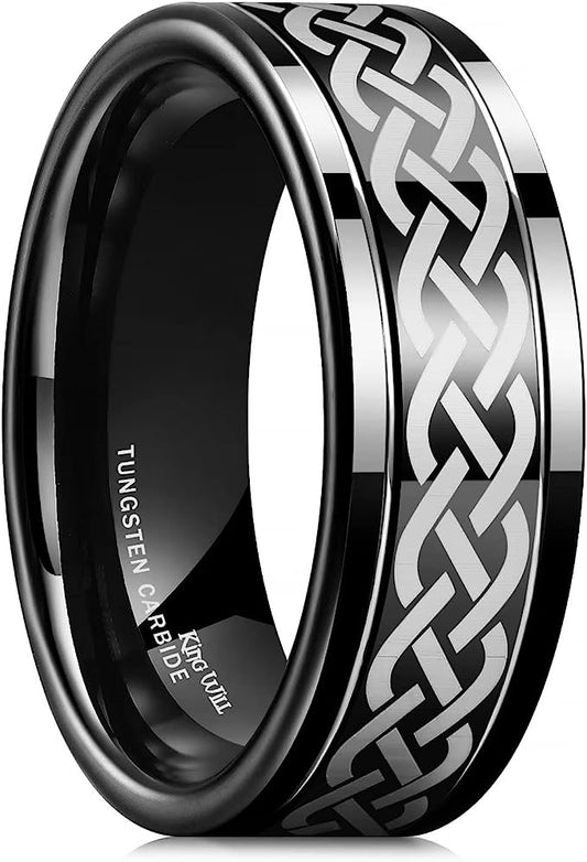 Genuine Carbide Tungsten Color: BLACK 8mm with Laser engraving pattern Silver Black Lasered Gorgeous Stunning Polished Shiny Comfort Fit Wedding Band Size Size 6-15
