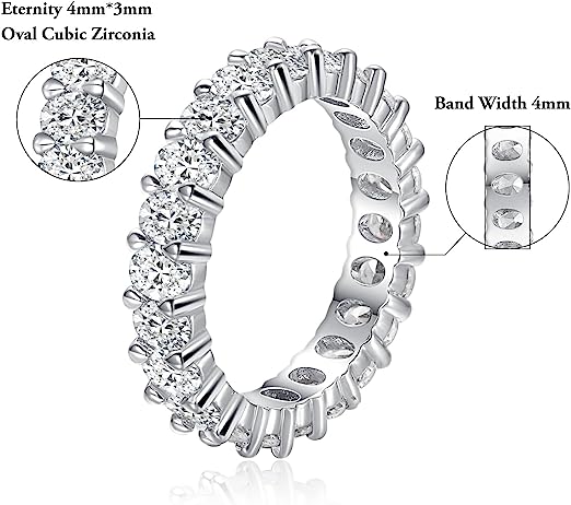 Eternity Rings for Women Rhodium Plated Stackable Oval Cubic Zirconia Ring 4mm Size 5-9