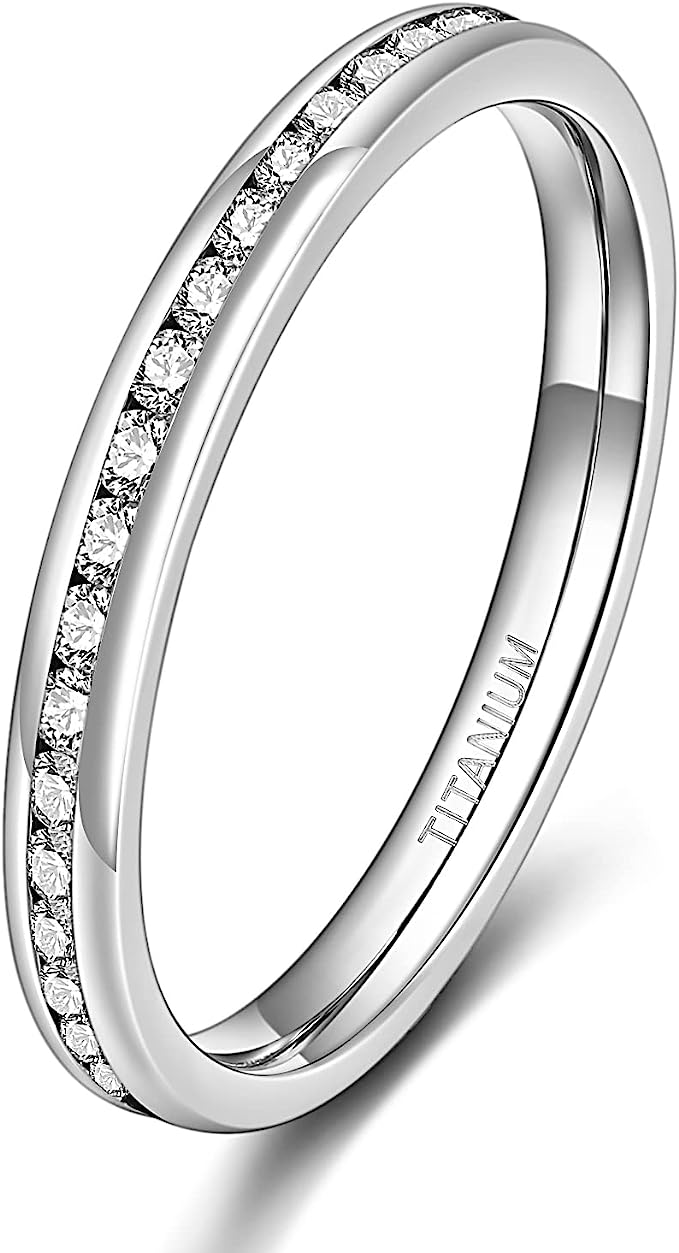 Genuine Titanium Silver 2.5mm Wide Ring Cubic Zirconia Eternity High Polished Comfort Fit.