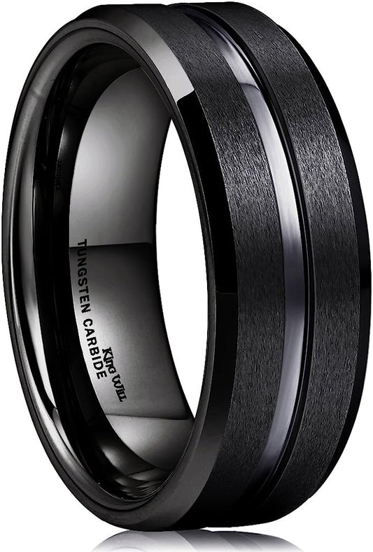 Genuine Carbide Tungsten Color: BLACK 8mm wide black Tungsten Ring matte finish & grooved center and high polished inner-face design smooth and shiny. band is So elegant! Comfort Fit Wedding Band Size 6-15