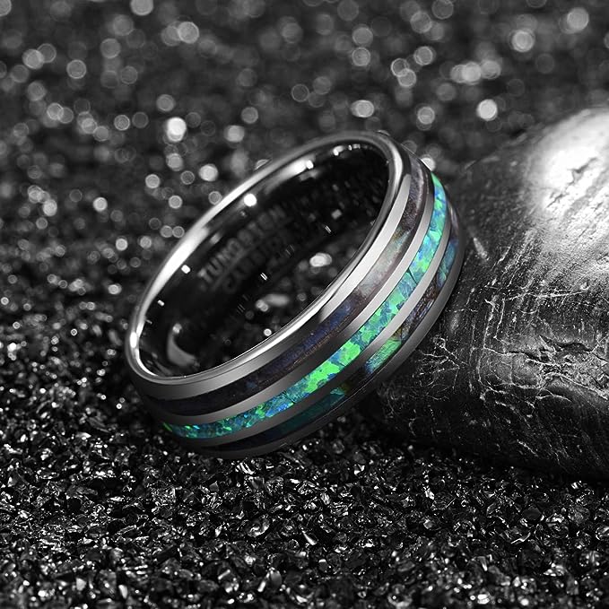 Genuine Carbide Tungsten Color: 8mm RING Green-yellow Opal Silver Inner high polished inner-face design smooth and shiny. Comfort Fit Wedding Band Size 6-15