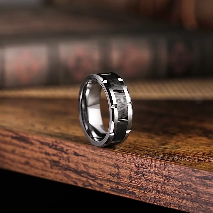 Genuine Tungsten Carbide 8mm, Black/silver polished, inner ring Silver, shining finish, Brick Pattern Groove Center Surface Brushed Finish Comfort Fit wedding band Size 6-15
