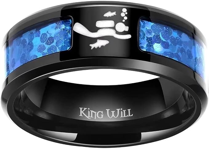 Genuine Titanium Black 8mm Wide Ring Diver Opal inlay High Polished Comfort Fit.