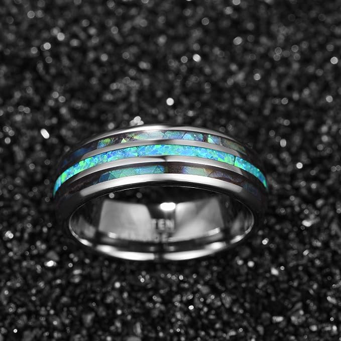 Genuine Carbide Tungsten Color: 8mm RING Green-yellow Opal Silver Inner high polished inner-face design smooth and shiny. Comfort Fit Wedding Band Size 6-15