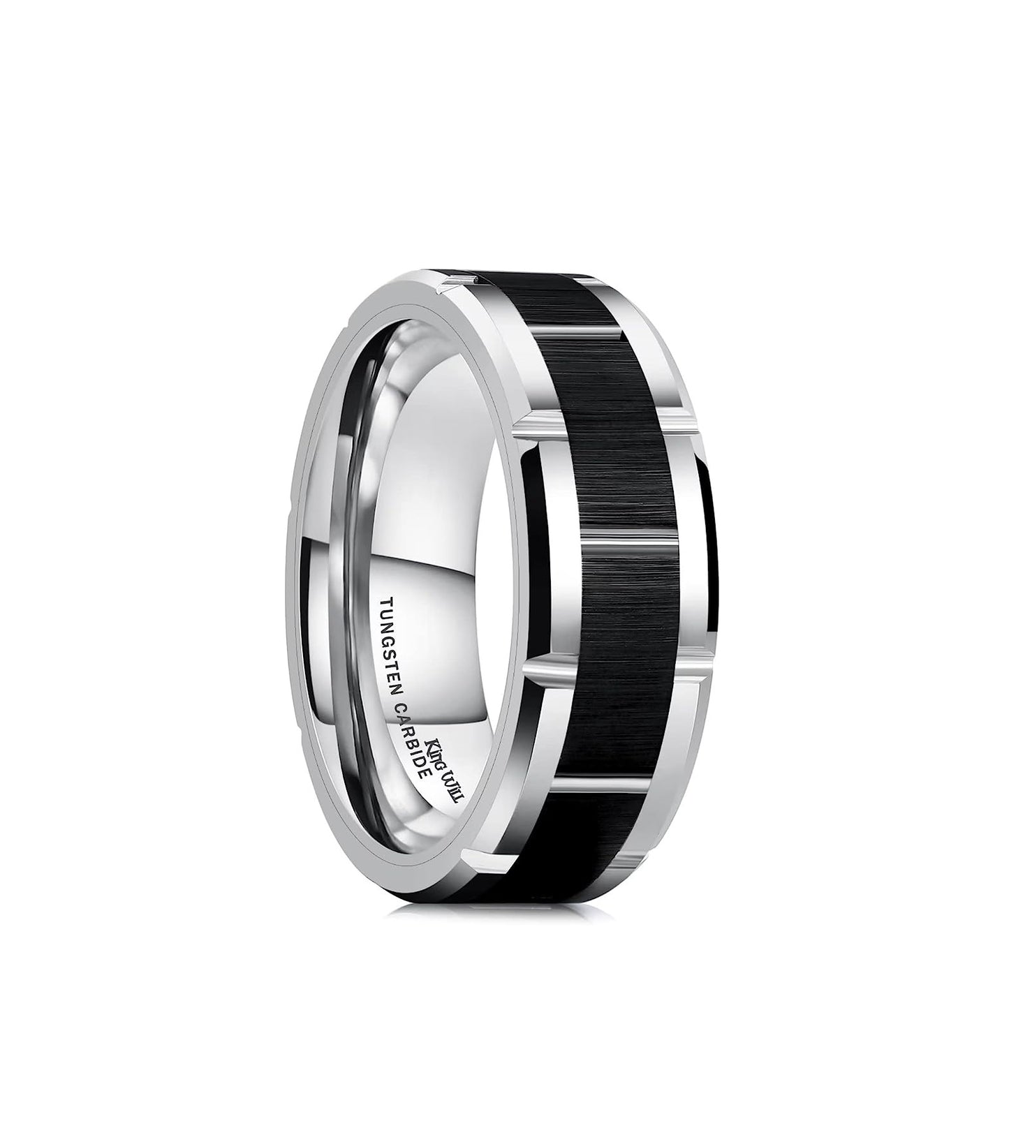 Genuine Tungsten Carbide 8mm, Black/silver polished, inner ring Silver, shining finish, Brick Pattern Groove Center Surface Brushed Finish Comfort Fit wedding band Size 6-15