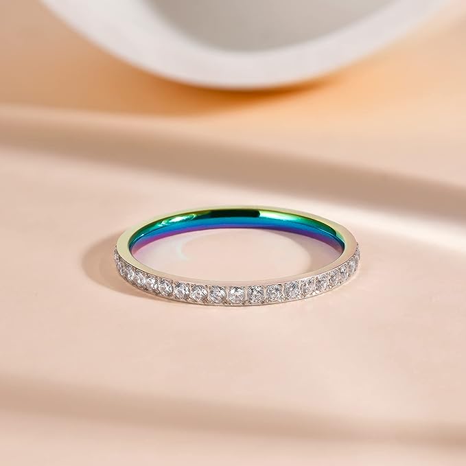 Genuine Titanium Multicolor 2mm Wide Ring Cubic Zirconia Eternity High Polished Comfort Fit.