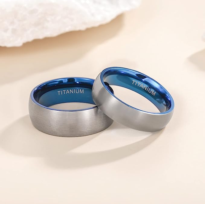 Genuine Titanium Silver Brushed Blue 8mm Wide Dome Ring Wedding Band High Polished Comfort Fit.