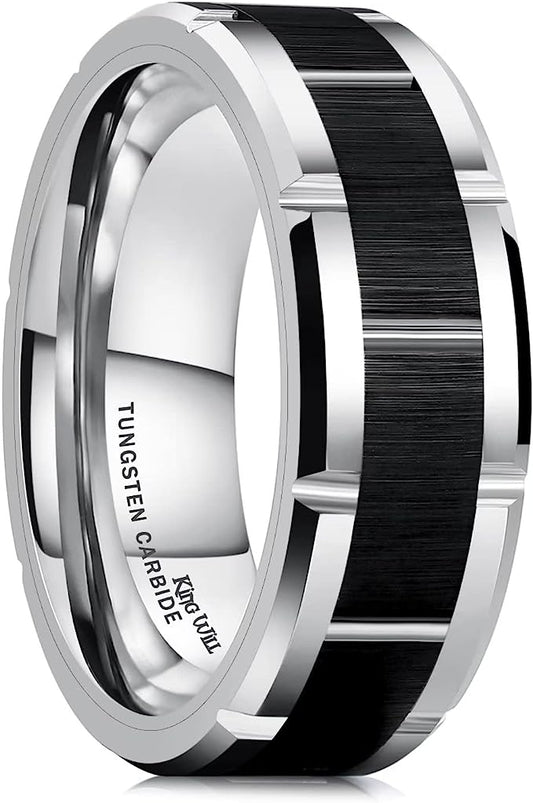 Genuine Tungsten Carbide 8mm, Black/silver polished, inner ring Silver, shining finish, Brick Pattern Groove Center Surface Brushed Finish Comfort Fit wedding band Size 6-15