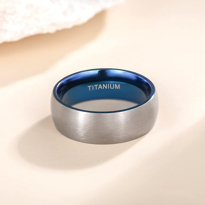 Genuine Titanium Silver Brushed Blue 8mm Wide Dome Ring Wedding Band High Polished Comfort Fit.