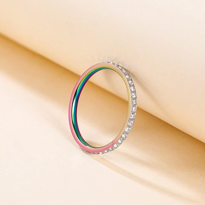 Genuine Titanium Multicolor 2mm Wide Ring Cubic Zirconia Eternity High Polished Comfort Fit.