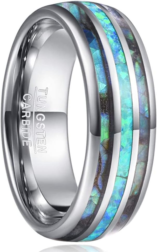 Genuine Carbide Tungsten Color: 8mm RING Green-yellow Opal Silver Inner high polished inner-face design smooth and shiny. Comfort Fit Wedding Band Size 6-15