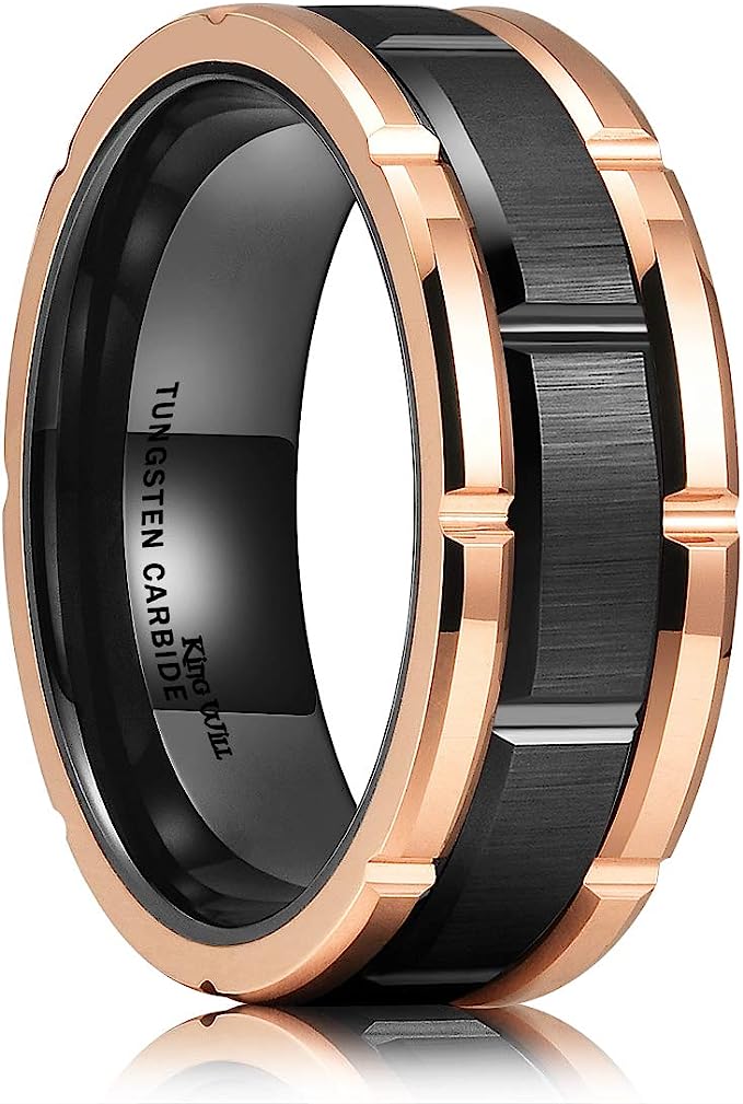 Genuine Tungsten Carbide 8mm, polished, inner ring rose gold, shining finish, inlaid with Comfort Fit wedding band Size 6-15