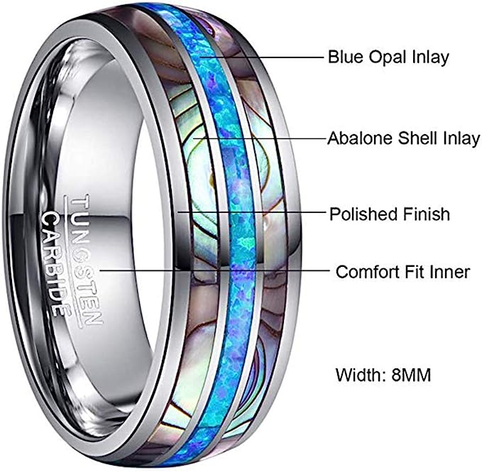 Genuine Carbide Tungsten Color: 8mm RING Blue Opal Silver Inner high polished inner-face design smooth and shiny. Comfort Fit Wedding Band Size 6-15