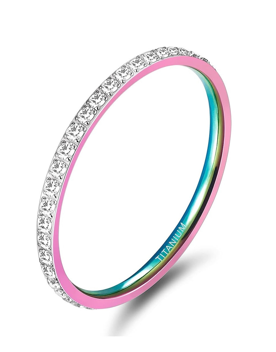 Genuine Titanium Multicolor 2mm Wide Ring Cubic Zirconia Eternity High Polished Comfort Fit.