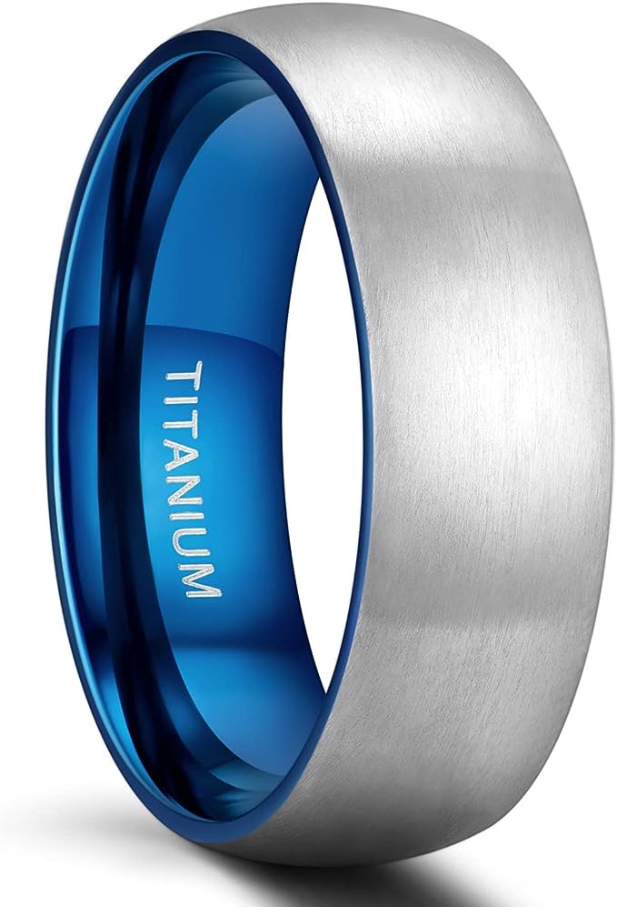 Genuine Titanium Silver Brushed Blue 8mm Wide Dome Ring Wedding Band High Polished Comfort Fit.