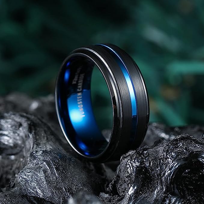 Genuine Carbide Tungsten Color: Black 8MM Ring with the blue Inter Groove and the blue smooth High Polish inner face smooth and shiny. band is So elegant! Comfort Fit Wedding Band Size 6-15