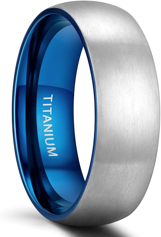 Genuine Titanium Silver Brushed Blue 8mm Wide Dome Ring Wedding Band High Polished Comfort Fit.