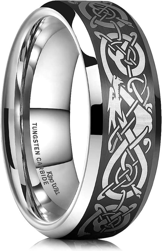 Genuine Carbide Tungsten Color: Silver Laser Celtic Dragon 8mm RING Polished Shiny Comfort Fit Wedding Band Size Size 6-15