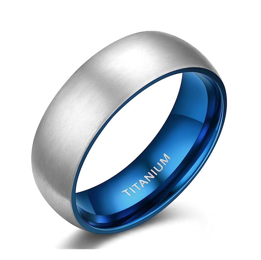 Genuine Titanium Silver Brushed Blue 8mm Wide Dome Ring Wedding Band High Polished Comfort Fit.