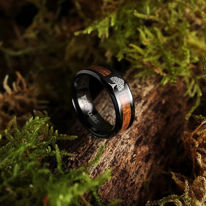 Genuine Titanium Black 8mm Wide Ring Tree Wood inlay High Polished Comfort Fit.