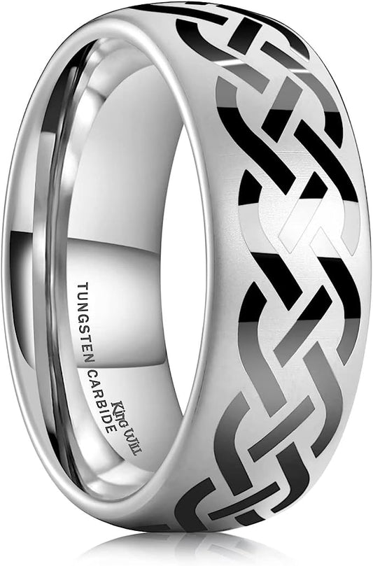 Genuine Carbide Tungsten Color: SILVER 8mm with Laser engraving pattern Silver Black Celtic Lasered Gorgeous Stunning Polished Shiny Comfort Fit Wedding Band Size Size 6-15