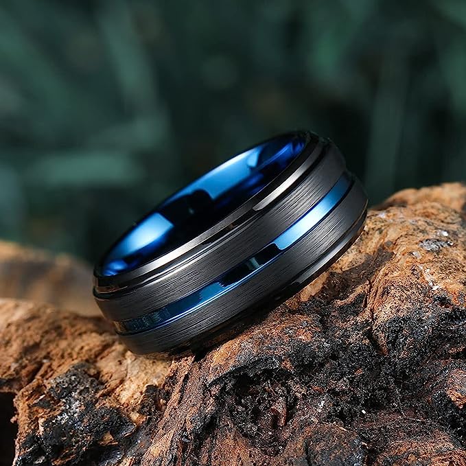 Genuine Carbide Tungsten Color: Black 8MM Ring with the blue Inter Groove and the blue smooth High Polish inner face smooth and shiny. band is So elegant! Comfort Fit Wedding Band Size 6-15