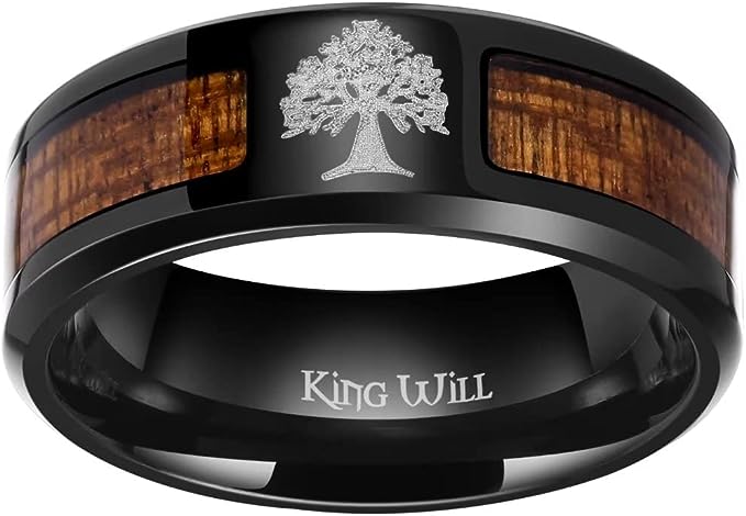 Genuine Titanium Black 8mm Wide Ring Tree Wood inlay High Polished Comfort Fit.