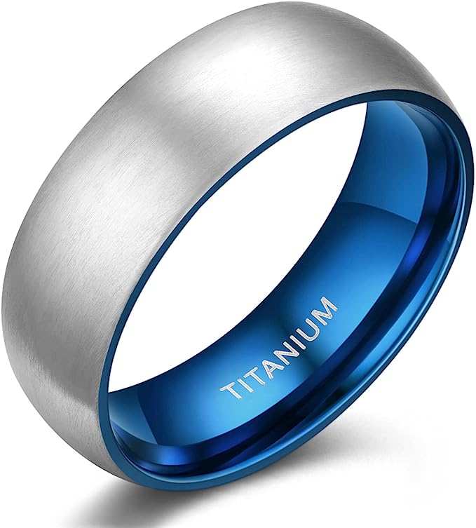 Genuine Titanium Silver Brushed Blue 8mm Wide Dome Ring Wedding Band High Polished Comfort Fit.