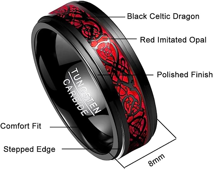 Genuine Carbide Tungsten Color: Black & Red Celtic Dragon Carbon Fiber 8mm RING Polished Shiny Comfort Fit Wedding Band Size Size 6-15