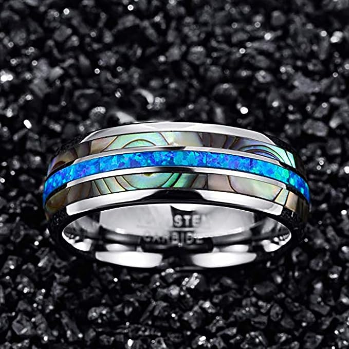 Genuine Carbide Tungsten Color: 8mm RING Blue Opal Silver Inner high polished inner-face design smooth and shiny. Comfort Fit Wedding Band Size 6-15