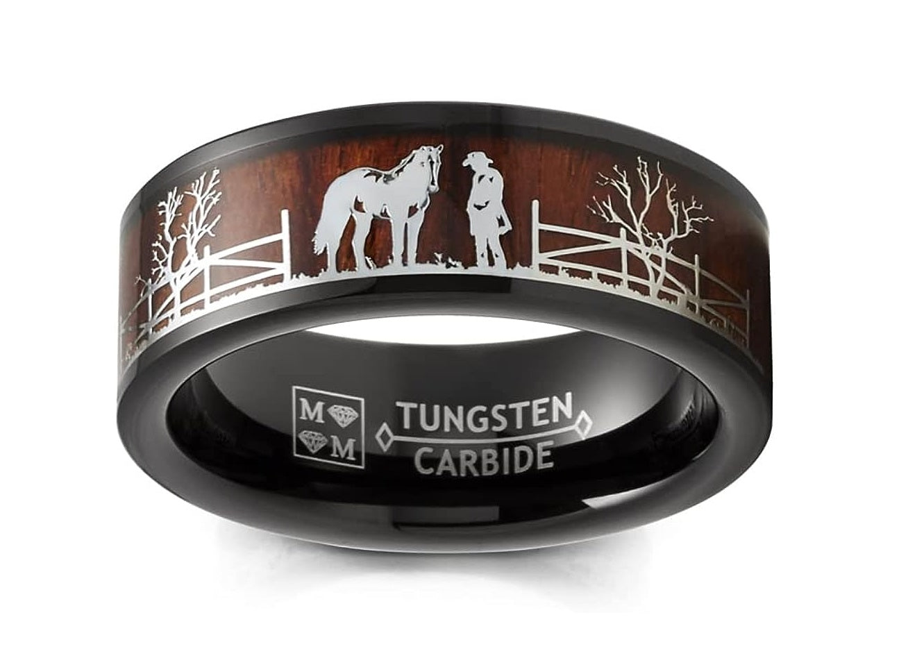 Genuine Carbide Tungsten Color: 8mm BLACK RANCHER AND HORSE KOA WOOD inlay High polished inner-face design smooth and shiny. Comfort Fit Wedding Band Size 6-15