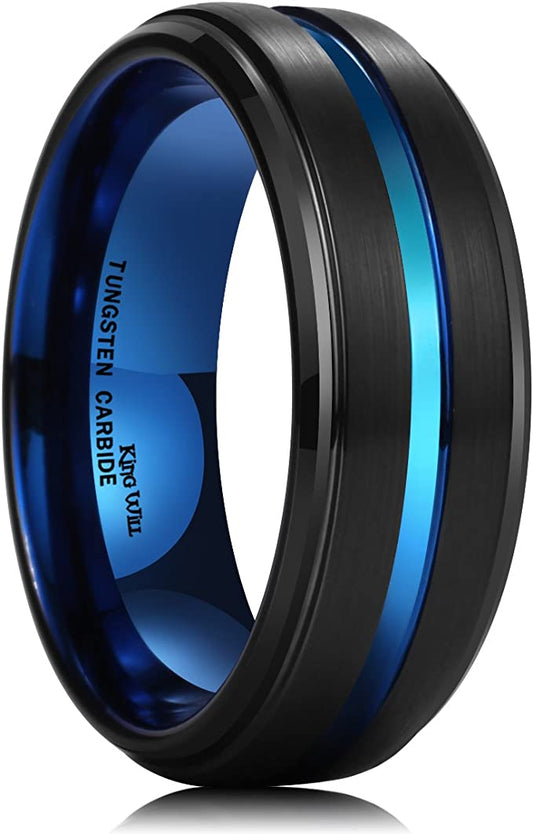 Genuine Carbide Tungsten Color: Black 8MM Ring with the blue Inter Groove and the blue smooth High Polish inner face smooth and shiny. band is So elegant! Comfort Fit Wedding Band Size 6-15