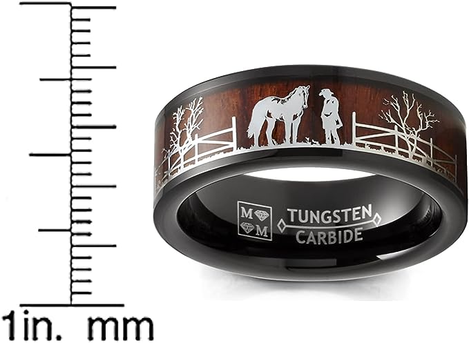 Genuine Carbide Tungsten Color: 8mm BLACK RANCHER AND HORSE KOA WOOD inlay High polished inner-face design smooth and shiny. Comfort Fit Wedding Band Size 6-15