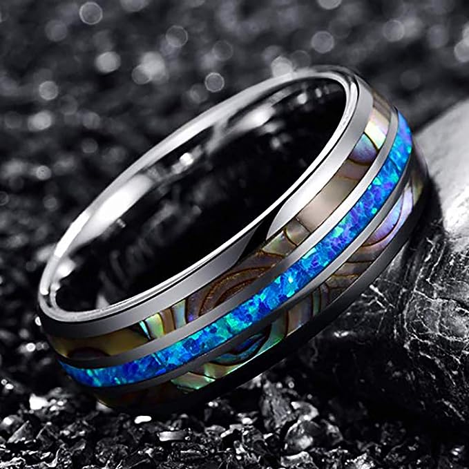 Genuine Carbide Tungsten Color: 8mm RING Blue Opal Silver Inner high polished inner-face design smooth and shiny. Comfort Fit Wedding Band Size 6-15