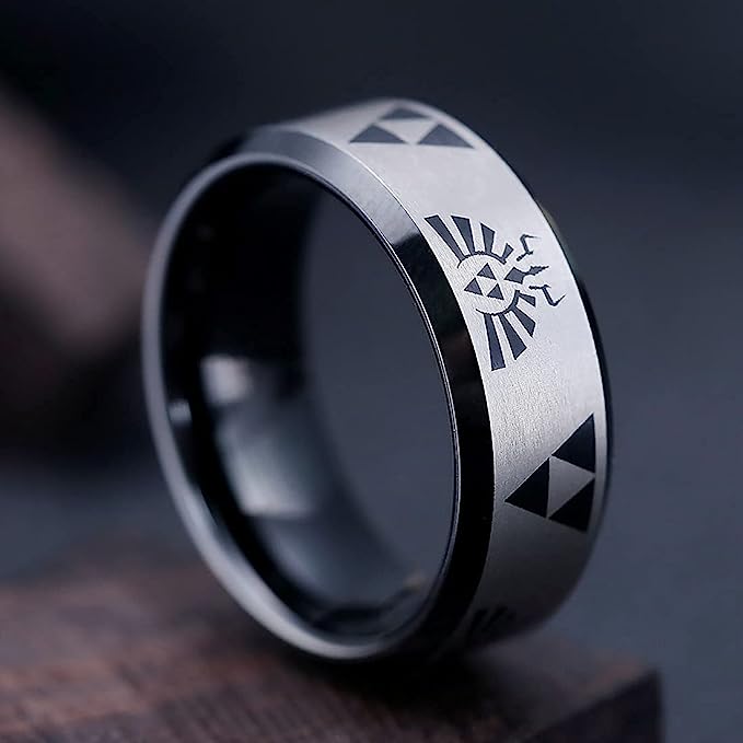 Genuine Carbide Tungsten Color: BLACK The Legend of Zelda Pattern inlay, 8mm RING Polished Shiny Comfort Fit Wedding Band Size Size 6-15