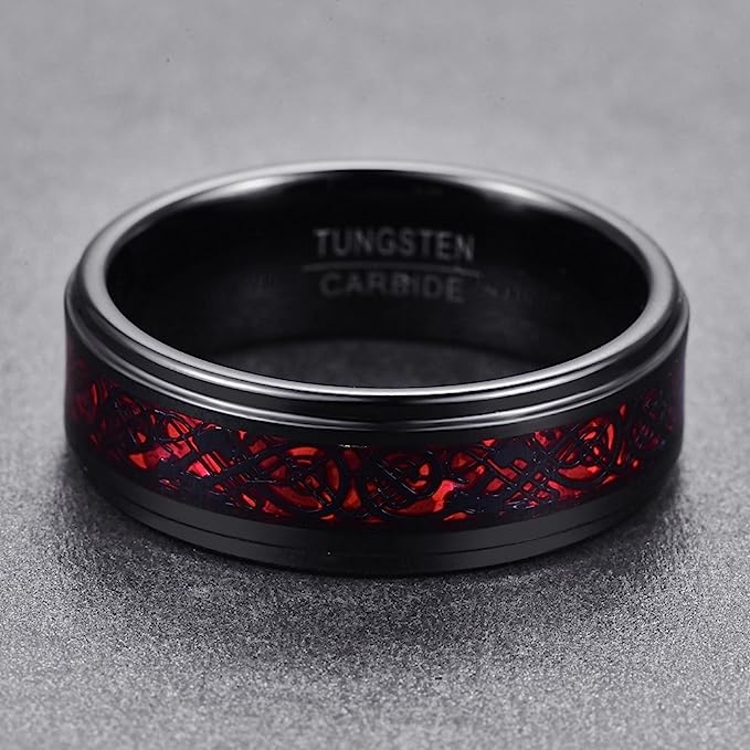 Genuine Carbide Tungsten Color: Black & Red Celtic Dragon Carbon Fiber 8mm RING Polished Shiny Comfort Fit Wedding Band Size Size 6-15