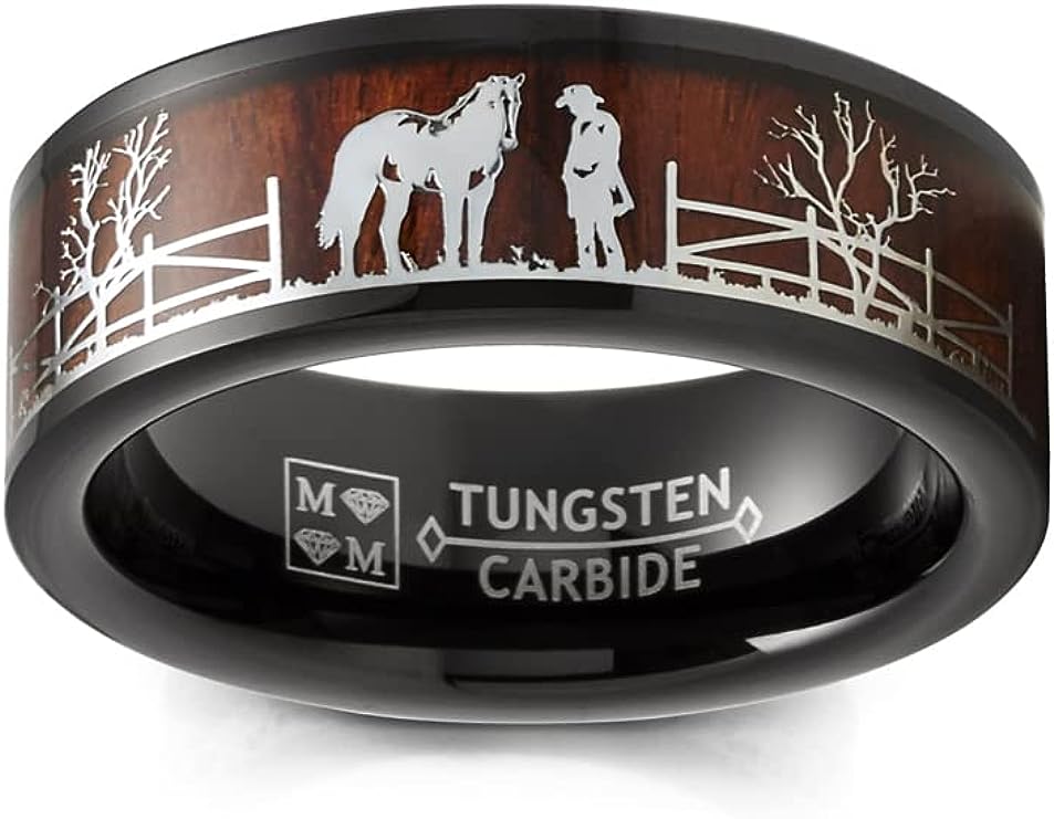 Genuine Carbide Tungsten Color: 8mm BLACK RANCHER AND HORSE KOA WOOD inlay High polished inner-face design smooth and shiny. Comfort Fit Wedding Band Size 6-15