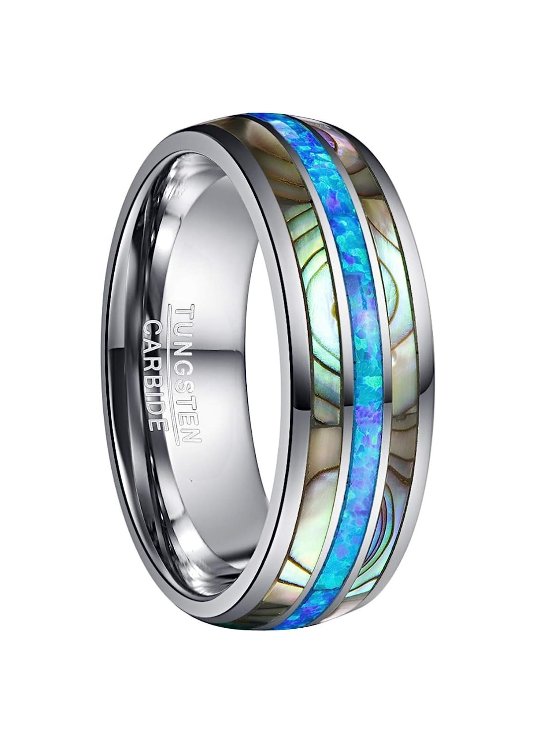 Genuine Carbide Tungsten Color: 8mm RING Blue Opal Silver Inner high polished inner-face design smooth and shiny. Comfort Fit Wedding Band Size 6-15