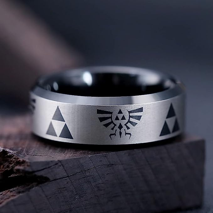 Genuine Carbide Tungsten Color: BLACK The Legend of Zelda Pattern inlay, 8mm RING Polished Shiny Comfort Fit Wedding Band Size Size 6-15