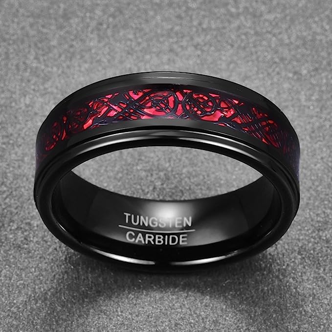 Genuine Carbide Tungsten Color: Black & Red Celtic Dragon Carbon Fiber 8mm RING Polished Shiny Comfort Fit Wedding Band Size Size 6-15