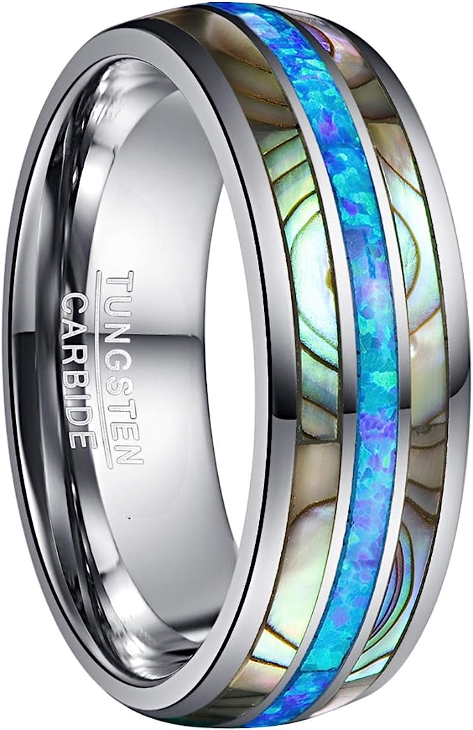 Genuine Carbide Tungsten Color: 8mm RING Blue Opal Silver Inner high polished inner-face design smooth and shiny. Comfort Fit Wedding Band Size 6-15